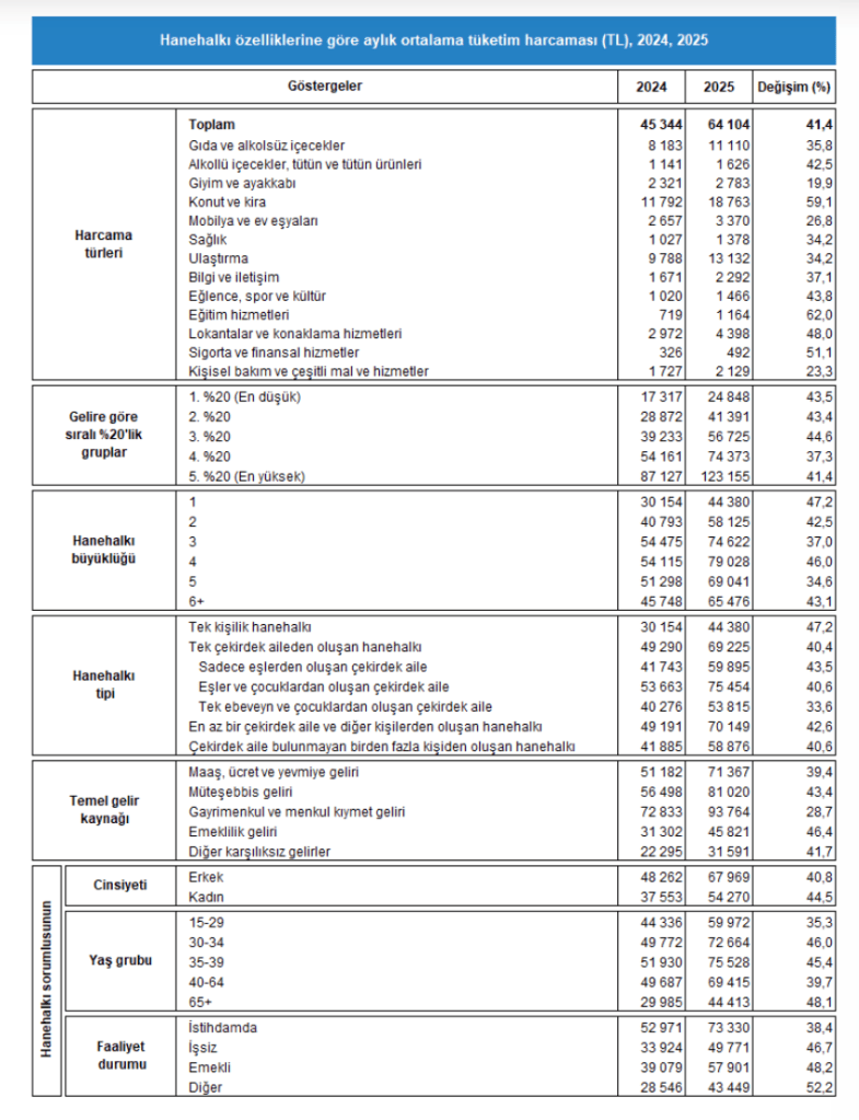 A table displaying average monthly household consumption expenditures in Turkish Lira (TL) for the years 2024 and 2025, categorized by types of expenditure, household characteristics, income sources, gender, age groups, and employment status.